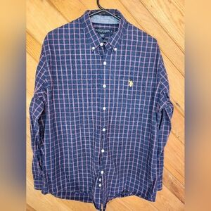 U.S. Polo Association red and blue plaid long sleeved large button down Shirt